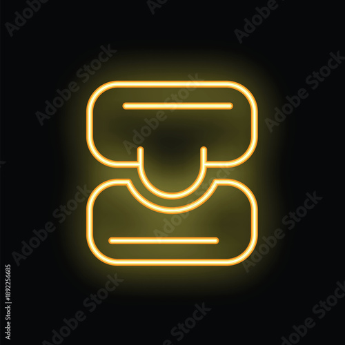 Bright yellow neon lunchbox icon is glowing on a black background