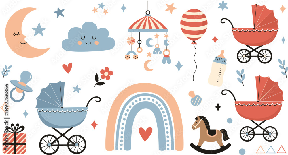 Fototapeta premium Cute baby nursery elements vector set with stroller, rainbow, moon, cloud, toys and pastel decorations
