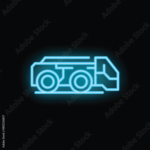 Blue neon sign depicting an airport baggage cart speeding on the runway, evoking travel and efficiency