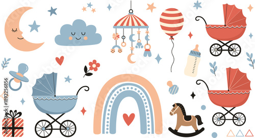 Cute baby nursery elements vector set with stroller, rainbow, moon, cloud, toys and pastel decorations