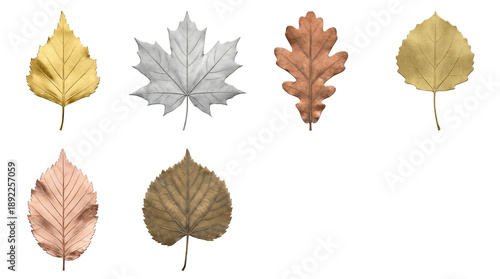 Metallic leaf set including maple, oak, birch, and aspen foliage isolated. Autumn seasonal nature elements with gold, silver, copper, and bronze finishes.