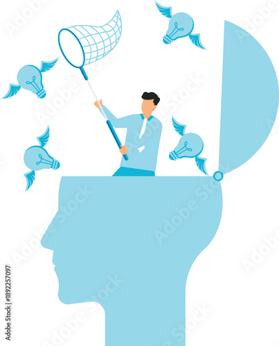 New creative idea thinking process and contemplation or ideation for solution or innovation, development or learn skills concept, businessman open his head to using butterfly net to cat light bulb ide