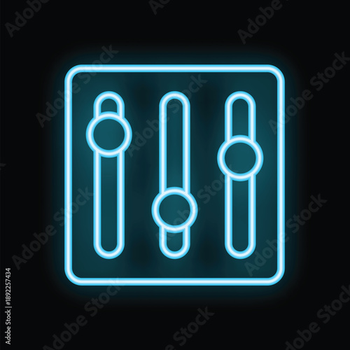 Blue neon icon of an audio control panel glowing on a black background