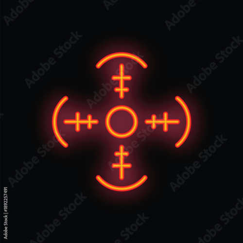Glowing red and orange neon sign showing the symbol for a crosshair, a common graphical element in video games