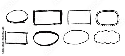 Chalk Scribble Rectangle Highlight Collection. Crayon chalk charcoal pastel stroke square circle oval ellipse collection. Vector borders templates.