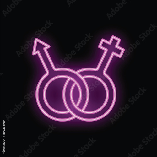 Neon pink gender symbols showing intertwined male and female symbols on black background