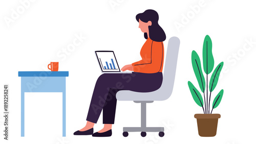 Flat vector illustration of a woman sitting on a chair in an office with a laptop, flat vector, colorful, white background, simple cartoon style