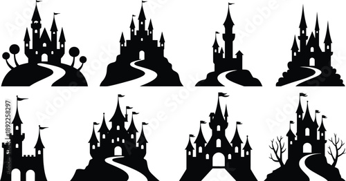 Fantasy castle silhouettes and medieval gothic tower landscapes, black white vector illustration collection for storytelling, game design and creative assets