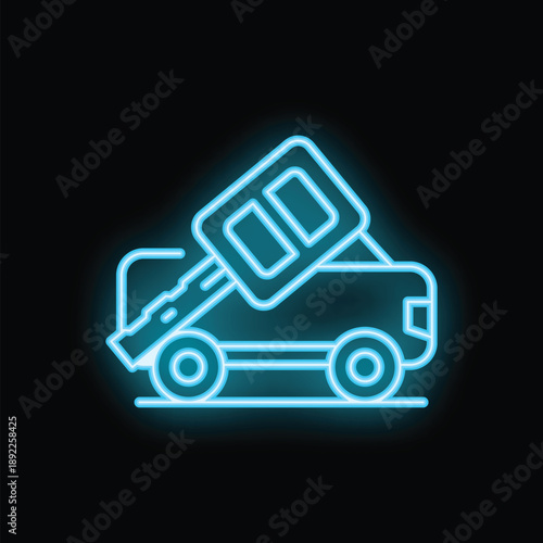 Blue neon icon of a car key falling onto a car, representing car purchase, rental or insurance