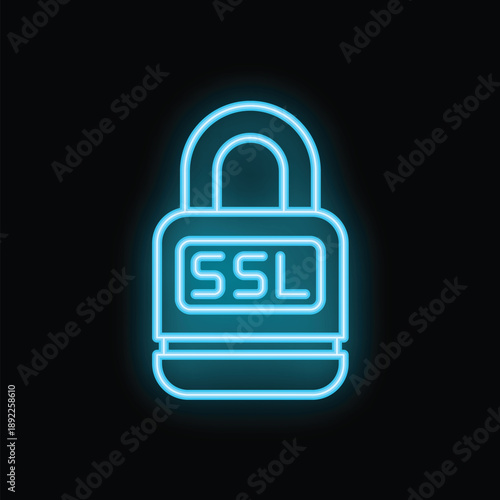 Blue neon ssl padlock icon glowing on a black background representing a secure internet connection