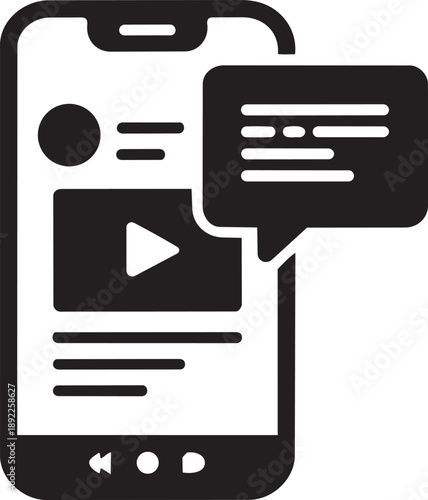 Smartphone displaying a video player and chat bubble, representing mobile content, social media, or communication