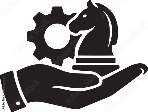 Hand holding a chess knight and gear, symbolizing strategic planning, business operations, and problem-solving