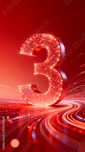 3D rendering of the number 3 with glowing particles and red wave lines, abstract digital art, futuristic design, suitable for events, countdowns, or milestones.