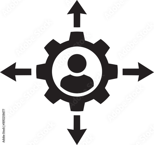 Gear with person icon and directional arrows, symbolizing decision making and strategic options