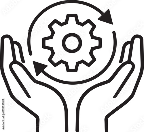 Hands holding a gear with rotating arrows, symbolizing process management and care
