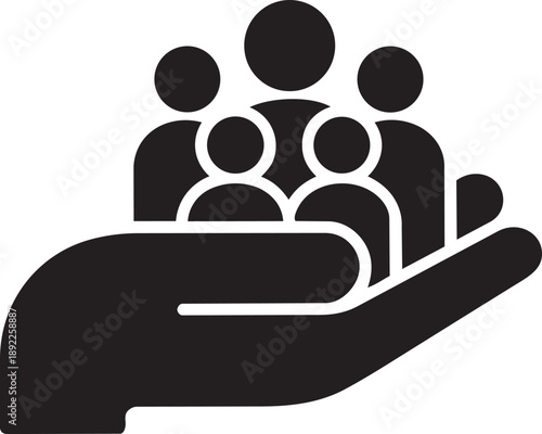 Care and community icon: Large hand holding a group of diverse people silhouettes, symbolizing social responsibility, support, and inclusion