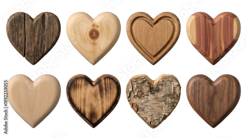 Wooden heart set including carved, burnt, bark, and polished textures isolated. Rustic decor and romantic symbol collection.