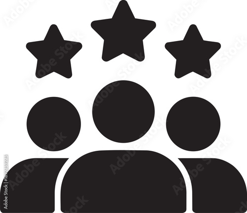 Silhouette icon of three people with three stars above them, representing a high rating, customer satisfaction, or team excellence.