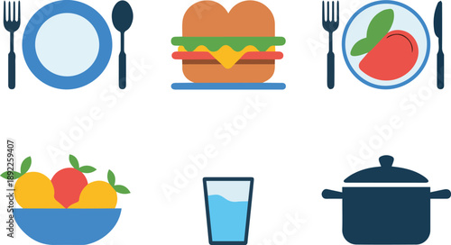 Colorful food icons set featuring fruits, vegetables, bakery items, drinks, and meals. Bright vector icons ideal for restaurants, menus, apps, and culinary designs.