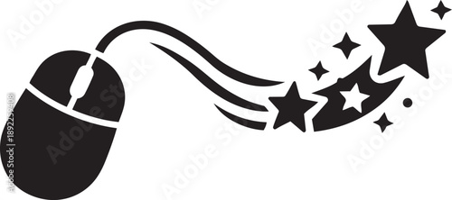 Black and white icon of a computer mouse with a trail of stars and speed lines, symbolizing speed or success.
