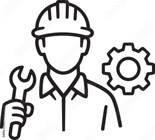 Construction worker with a wrench and gear, symbolizing industry, labor, engineering, and skilled trade work in a clean iconographic style.