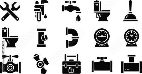 Collection of various plumbing and toilet icons in black silhouette