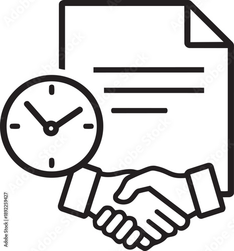 Contract document with a clock and handshake, representing a timed agreement, deadline, partnership finalization, and business deal completion.