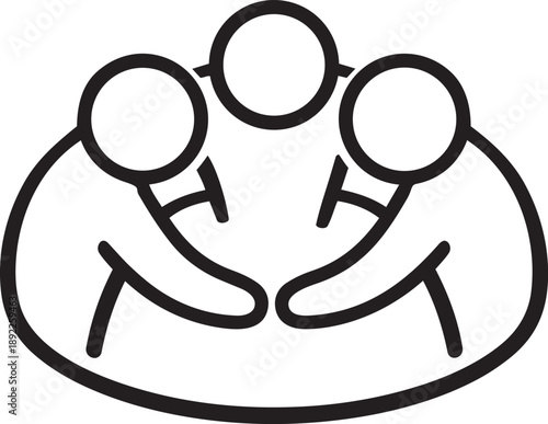 Three people sitting around a table in a circle, representing teamwork, meeting, discussion, and group collaboration in a simple line art style.