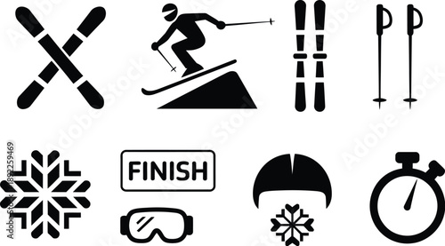 Collection of winter sport black glyph icons featuring skis, ski jump ramp, helmet, poles, finish gate and snowflake