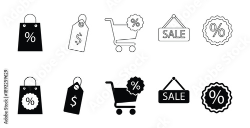 Shopping Sale Icons Set Discount Price Tags and Cart Vector