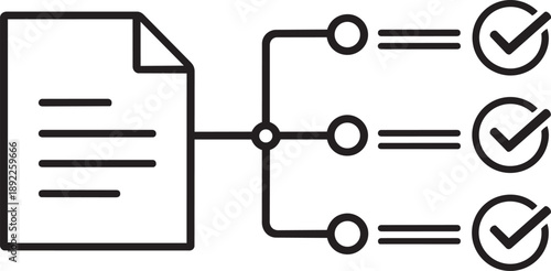Document icon connected to multiple checklist items with checkmarks, illustrating task management, project completion, and document verification.