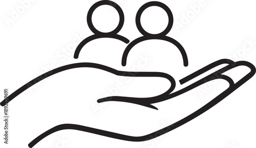 Hand supporting two people icons, representing support, teamwork, or family care