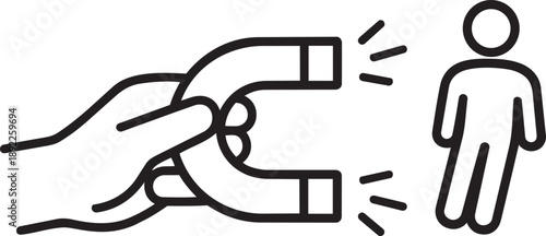 Hand holding a horseshoe magnet attracting a person icon, symbolizing attraction and recruitment