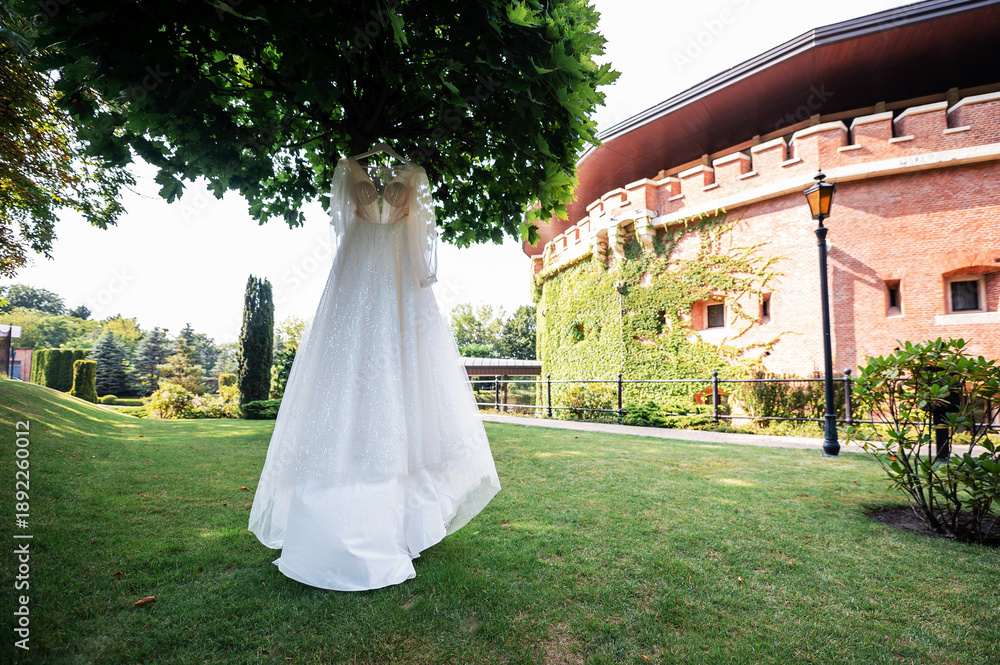 Fototapeta premium Elegant Wedding Dress Hanging Outdoors