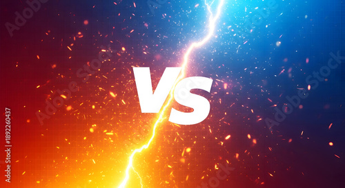 Dramatic split screen with lightning bolt and vs text contrasting orange and blue background with sparks