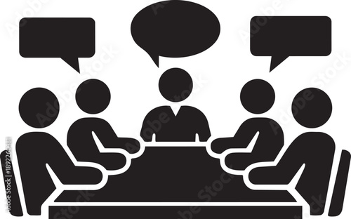 Teamwork and communication icon: people discussing ideas around a table, symbolizing collaboration and business meetings.