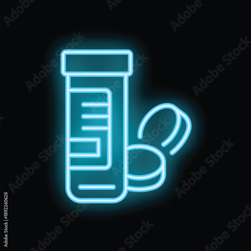 Glowing neon icon of a medicine bottle with pills spilling out, on a black background