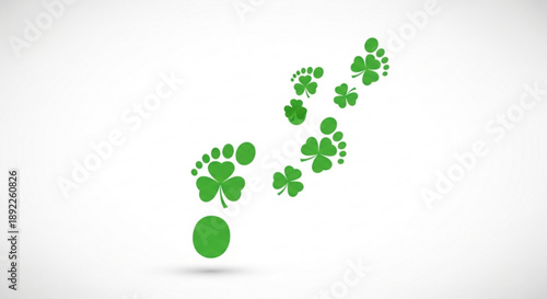 Green clover and paw prints trail on white background symbolizing luck and friendship