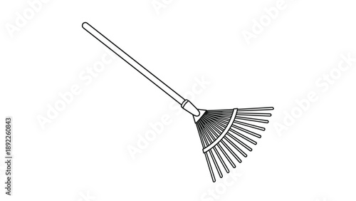 Simple black and white line drawing of a garden leaf rake with a long handle and metal tines used for yard maintenance and autumn cleanup.