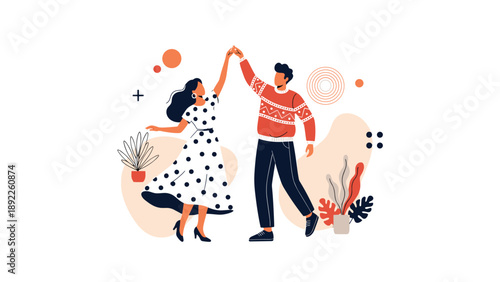 Stylish couple dancing together with joyful movements surrounded by abstract shapes and plants represents happiness, love, and celebration.