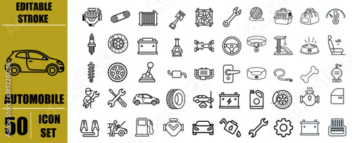 TITLE: Automobile Service Icon Collection Set, Car Repair and Maintenance Line Icons, Auto Workshop and Vehicle Service Outline Symbols, Editable Stroke Vector Illustration for UI, App, Web, Infograph