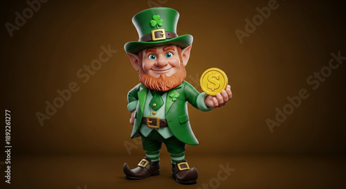 Cheerful leprechaun holding gold coin wearing green coat top hat brown background