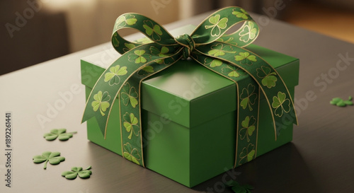 Green gift box with shamrock ribbon and scattered four leaf clovers on table for st patrick's day