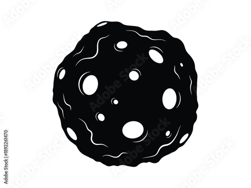 Stylized black meteorite or asteroid with craters and wavy lines, cosmic science vector