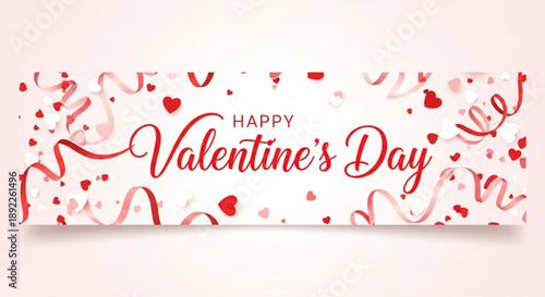 Happy Valentine's Day banner with red hearts and ribbons