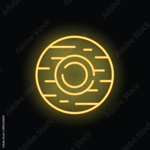 Yellow neon icon of a planet with craters glowing on a black background
