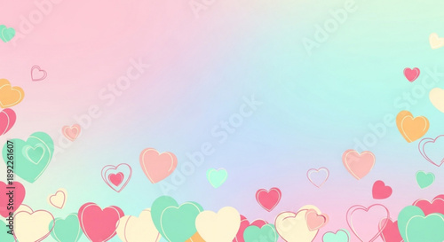 Pastel hearts floating on colorful background for love and celebration