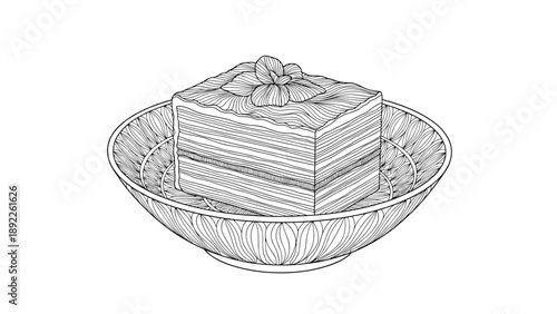 Woodcut style illustration of a square slice of layer cake with mint leaves on top served in an intricately patterned decorative bowl.