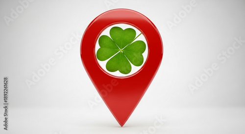 Red map pin icon with green four leaf clover on white background symbolizing luck and location