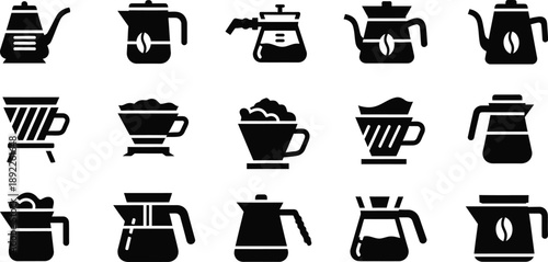 Black coffee and tea icons set including kettle and cup